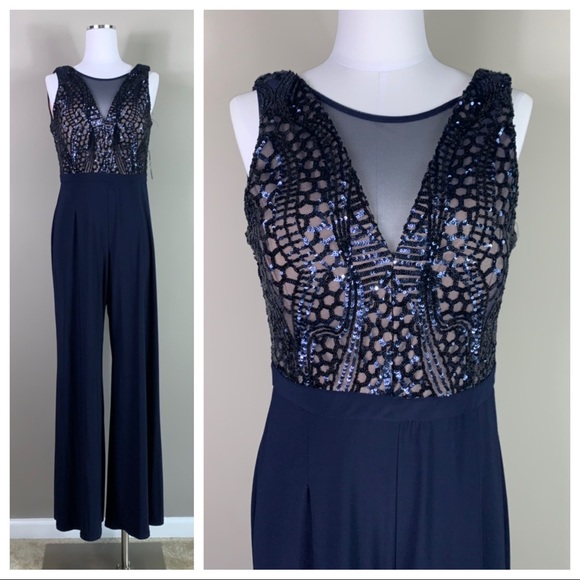 Night Way Collections Pants - NWT Nightway Sequin Jumpsuit Navy Formal Size 10